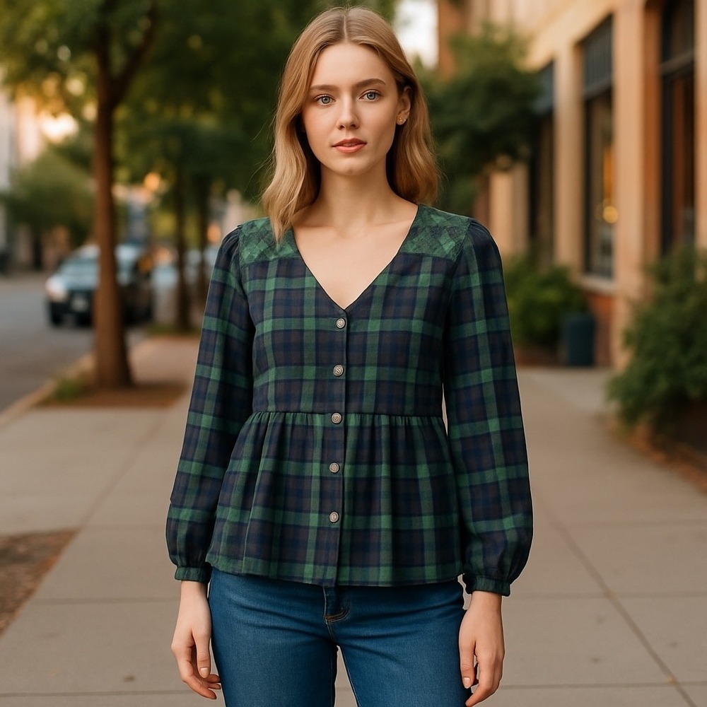 Maurice's Plaid Peplum Top Size S Green Blue Button Up Lace Shoulders